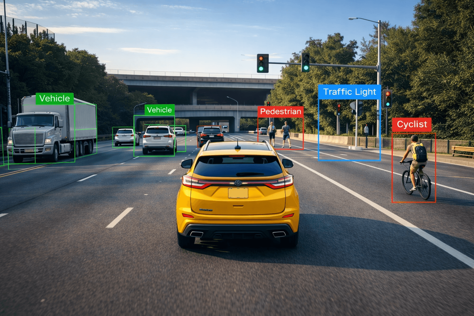 Real-time object detection: vehicles, pedestrians, traffic lights, and cyclists with bounding boxes