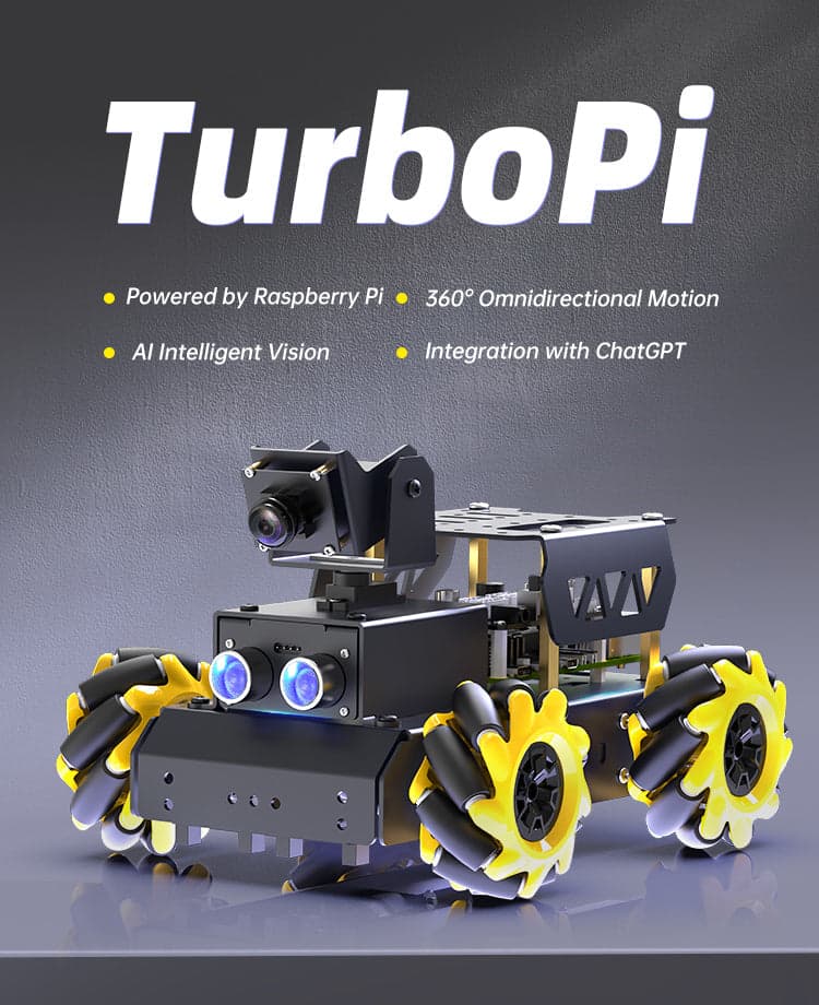 HiWonder TurboPi robot car with Raspberry Pi 4, mecanum wheels, and HD camera